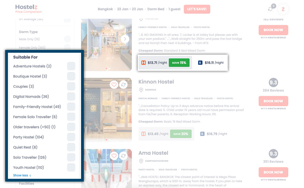 hostel types filter